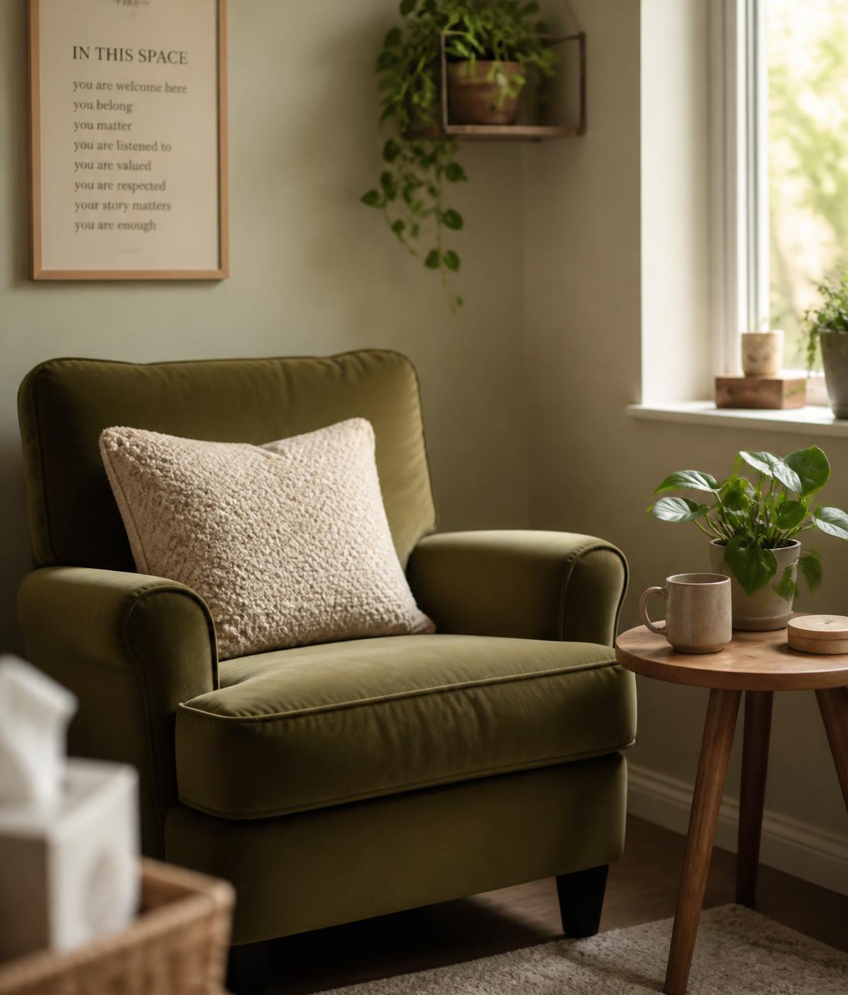 Olive green armchair beside a window in a warm counselling room